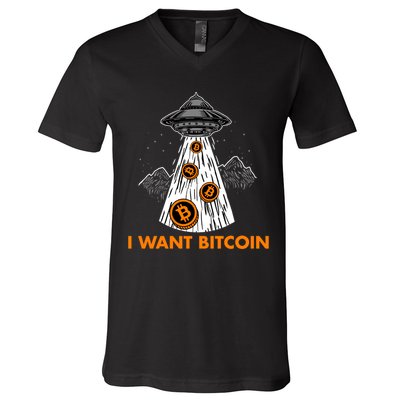 I Want Bitcoin BTC Crypto Currency UFO V-Neck T-Shirt