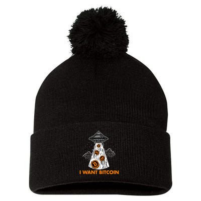 I Want Bitcoin BTC Crypto Currency UFO Pom Pom 12in Knit Beanie
