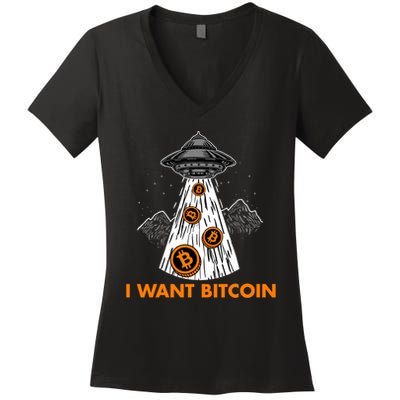 I Want Bitcoin BTC Crypto Currency UFO Women's V-Neck T-Shirt