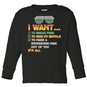 I Want To Break Free To Ride My Bicycle It All Sunglasses Toddler Long Sleeve Shirt