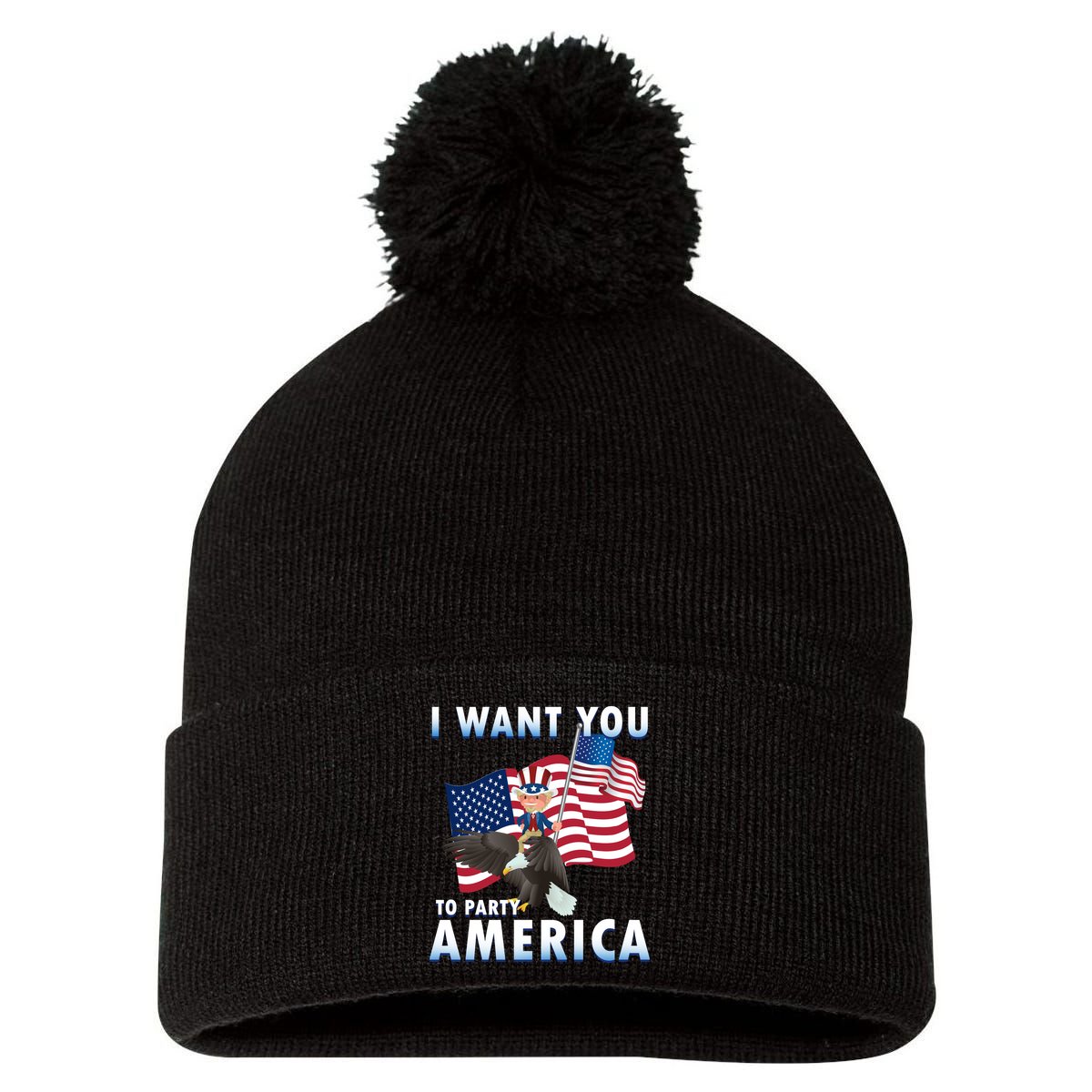I Want You To Party America Pom Pom 12in Knit Beanie