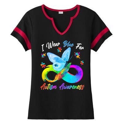 I Wear Blue For Autism Awareness Butterfly Infinity Rainbow  Ladies Halftime Notch Neck Tee