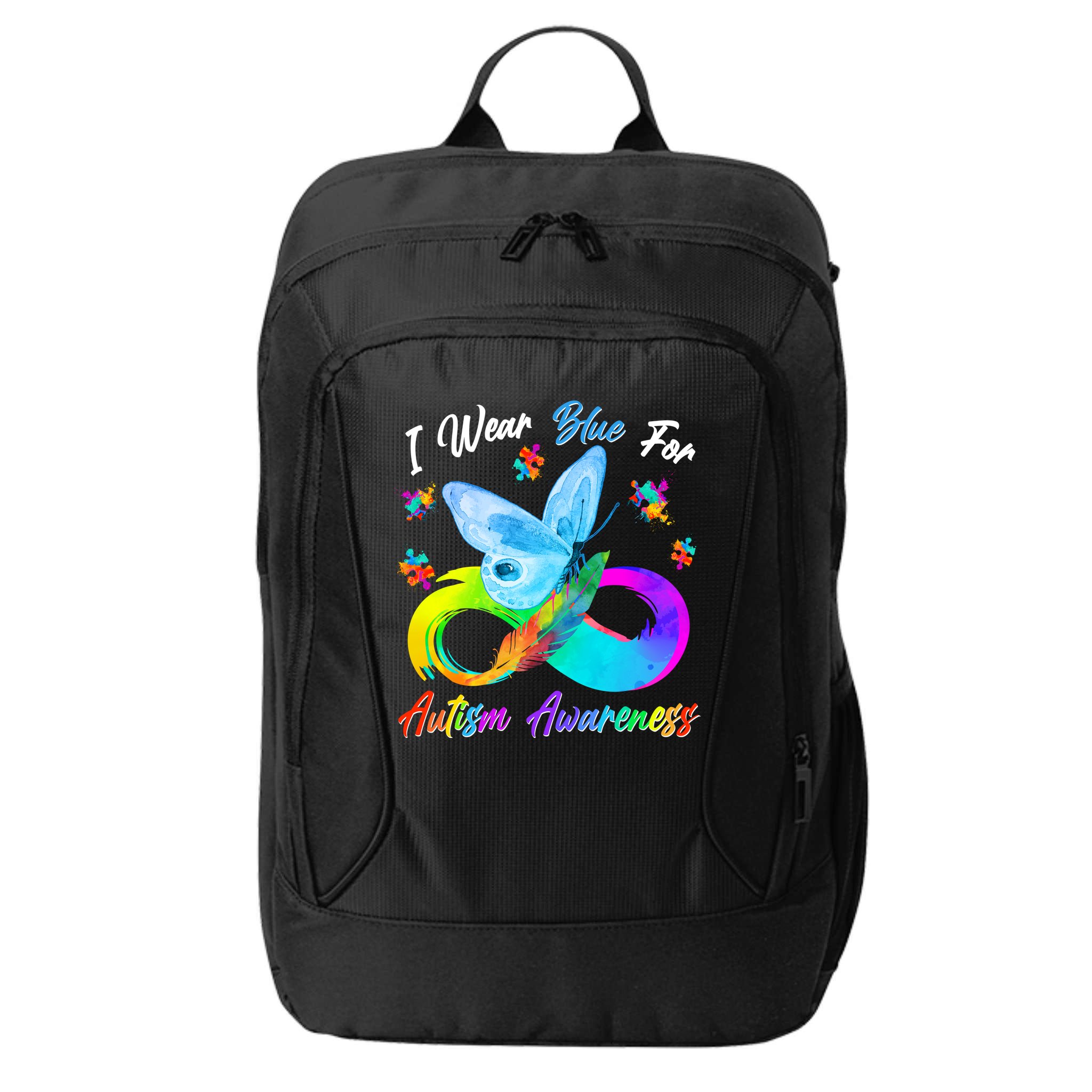 I Wear Blue For Autism Awareness Butterfly Infinity Rainbow  City Backpack