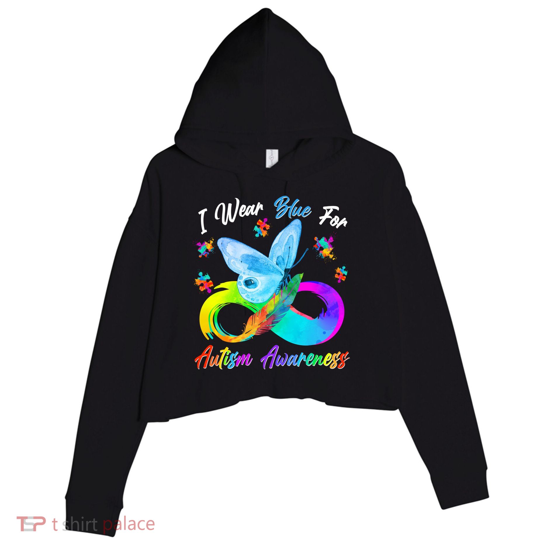 I Wear Blue For Autism Awareness Butterfly Infinity Rainbow  Crop Fleece Hoodie