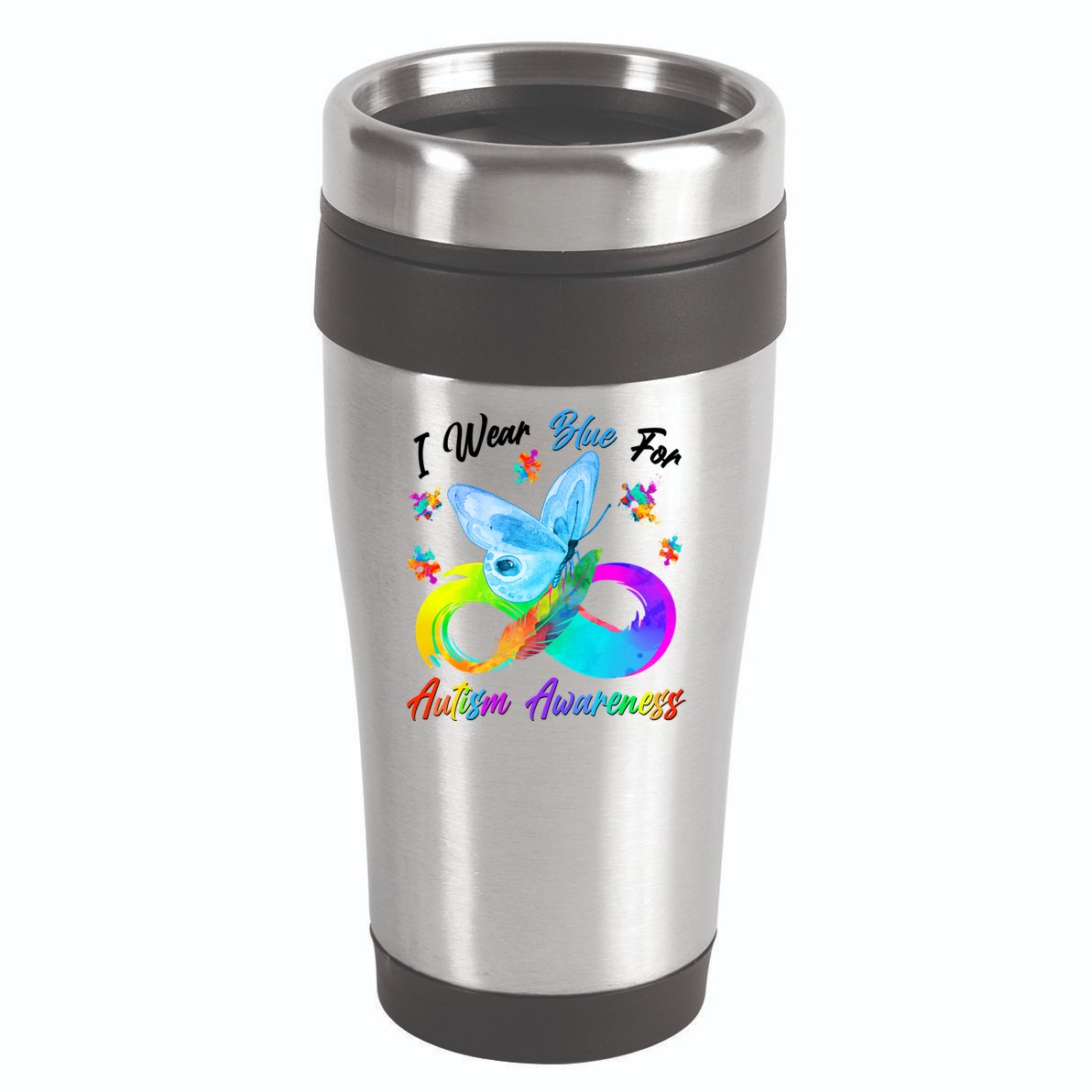 I Wear Blue For Autism Awareness Butterfly Infinity Rainbow  16oz Travel Tumbler