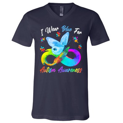 I Wear Blue For Autism Awareness Butterfly Infinity Rainbow  V-Neck T-Shirt