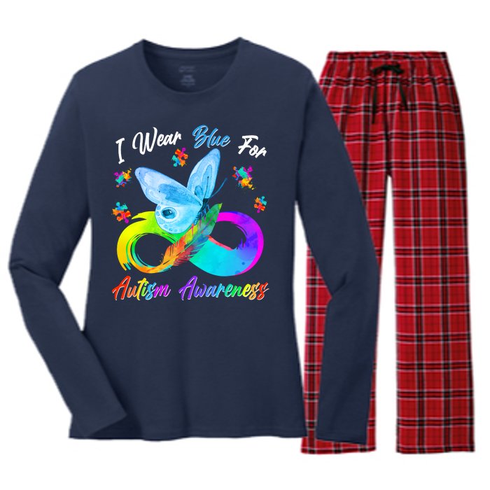 I Wear Blue For Autism Awareness Butterfly Infinity Rainbow  Women's Long Sleeve Flannel Pajama Set 