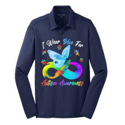 I Wear Blue For Autism Awareness Butterfly Infinity Rainbow  Silk Touch Performance Long Sleeve Polo