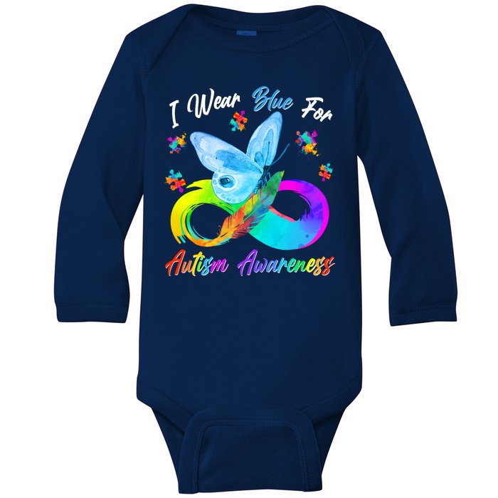 I Wear Blue For Autism Awareness Butterfly Infinity Rainbow  Baby Long Sleeve Bodysuit