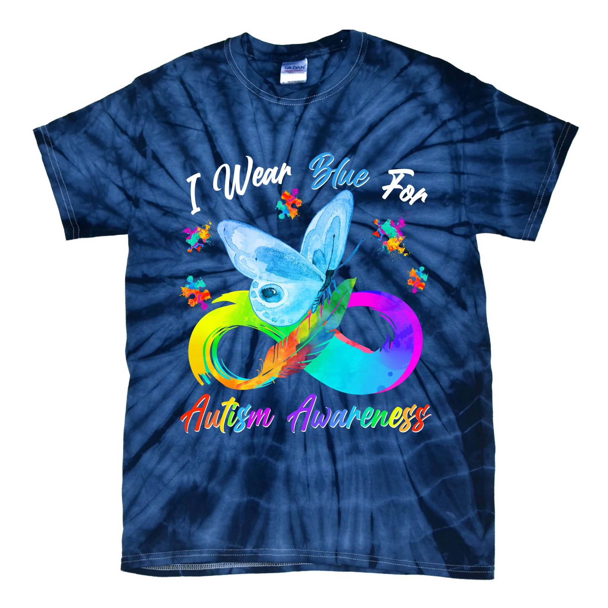 I Wear Blue For Autism Awareness Butterfly Infinity Rainbow  Tie-Dye T-Shirt