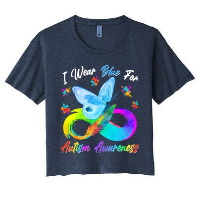 I Wear Blue For Autism Awareness Butterfly Infinity Rainbow  Women's Crop Top Tee