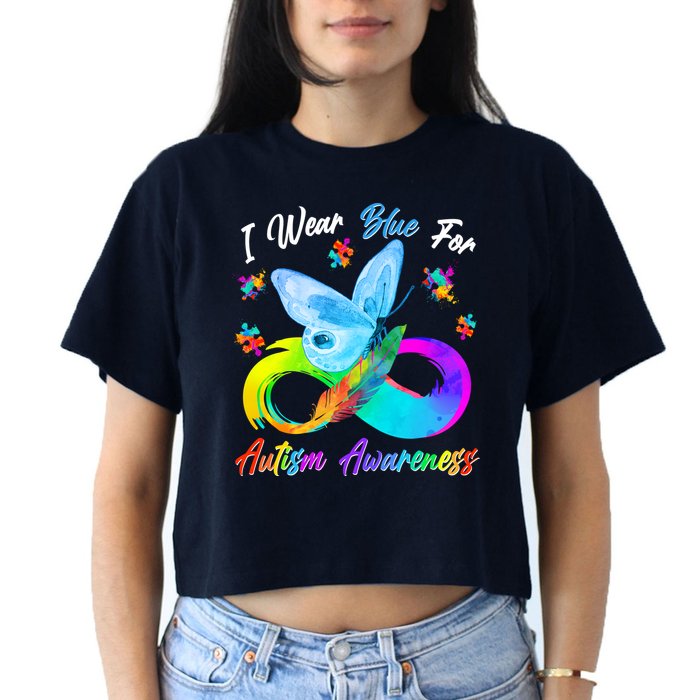 I Wear Blue For Autism Awareness Butterfly Infinity Rainbow  Women's Crop Top Tee