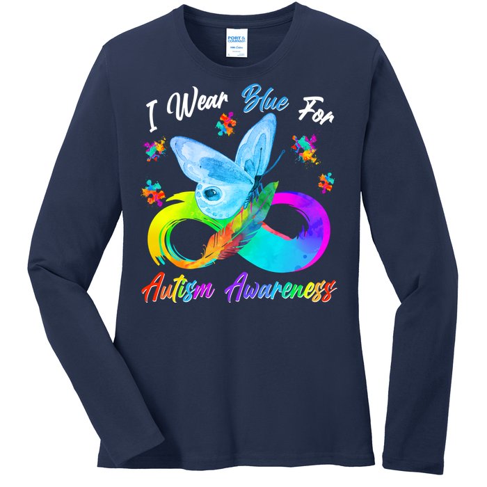 I Wear Blue For Autism Awareness Butterfly Infinity Rainbow  Ladies Long Sleeve Shirt