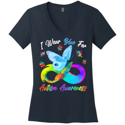 I Wear Blue For Autism Awareness Butterfly Infinity Rainbow  Women's V-Neck T-Shirt