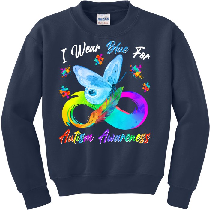 I Wear Blue For Autism Awareness Butterfly Infinity Rainbow  Kids Sweatshirt