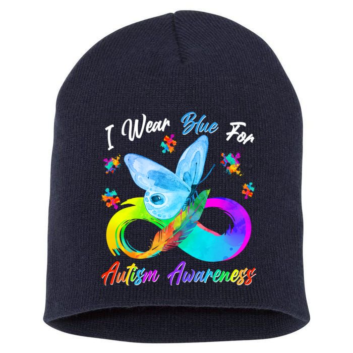 I Wear Blue For Autism Awareness Butterfly Infinity Rainbow  Short Acrylic Beanie