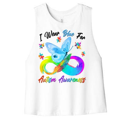 I Wear Blue For Autism Awareness Butterfly Infinity Rainbow  Women's Racerback Cropped Tank