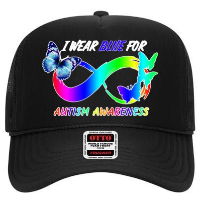 I Wear Blue For Autism Awareness Butterfly Ribbon High Crown Mesh Back Trucker Hat