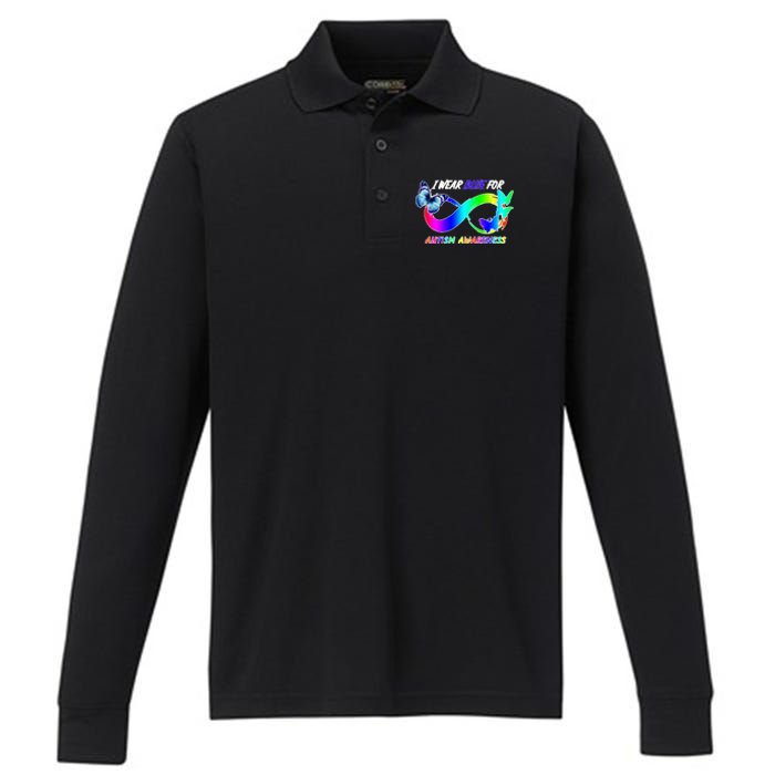 I Wear Blue For Autism Awareness Butterfly Ribbon Performance Long Sleeve Polo