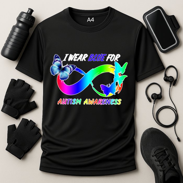 I Wear Blue For Autism Awareness Butterfly Ribbon Cooling Performance Crew T-Shirt