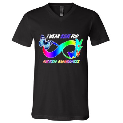 I Wear Blue For Autism Awareness Butterfly Ribbon V-Neck T-Shirt