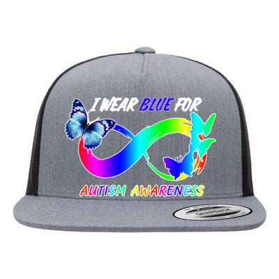 I Wear Blue For Autism Awareness Butterfly Ribbon Flat Bill Trucker Hat