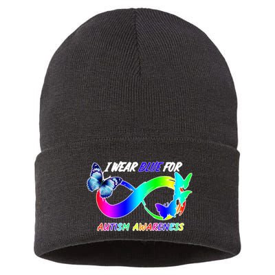 I Wear Blue For Autism Awareness Butterfly Ribbon Sustainable Knit Beanie