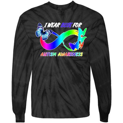 I Wear Blue For Autism Awareness Butterfly Ribbon Tie-Dye Long Sleeve Shirt