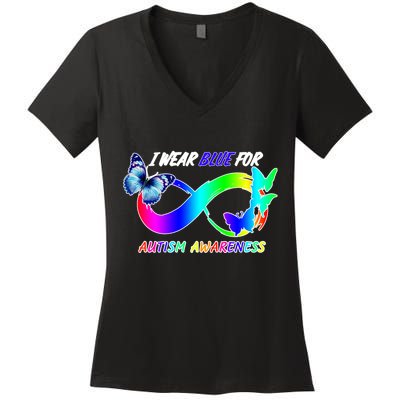 I Wear Blue For Autism Awareness Butterfly Ribbon Women's V-Neck T-Shirt