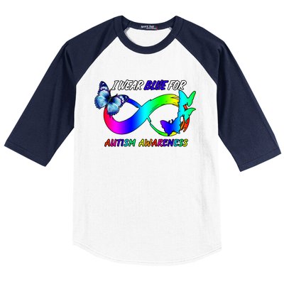 I Wear Blue For Autism Awareness Butterfly Ribbon Baseball Sleeve Shirt