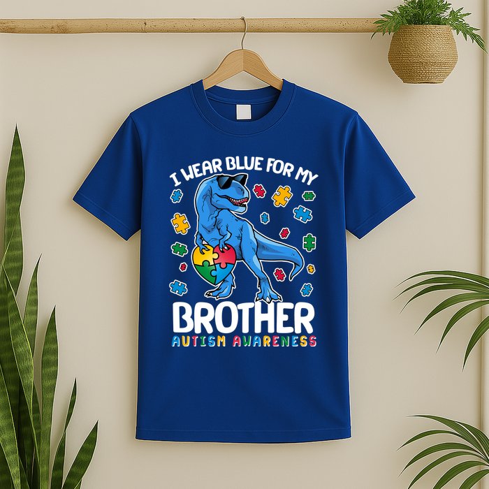 I Wear Blue For My Brother Autism Awareness T-Rex Dinosaur T-Shirt