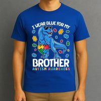 I Wear Blue For My Brother Autism Awareness T-Rex Dinosaur T-Shirt