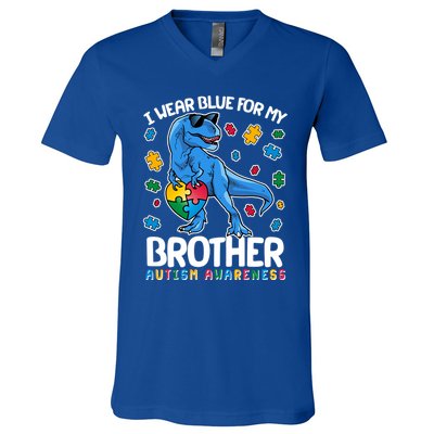 I Wear Blue For My Brother Autism Awareness T-Rex Dinosaur V-Neck T-Shirt