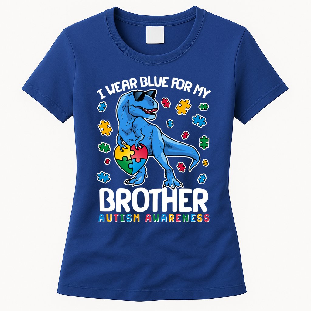 I Wear Blue For My Brother Autism Awareness T-Rex Dinosaur Womens T-Shirt