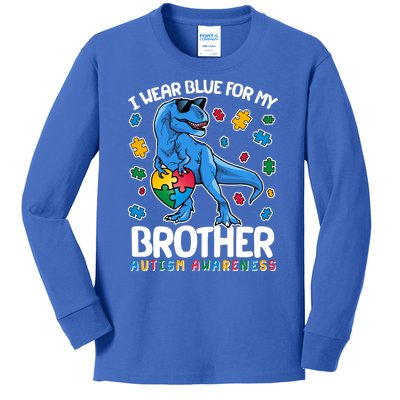 I Wear Blue For My Brother Autism Awareness T-Rex Dinosaur Kids Long Sleeve Shirt