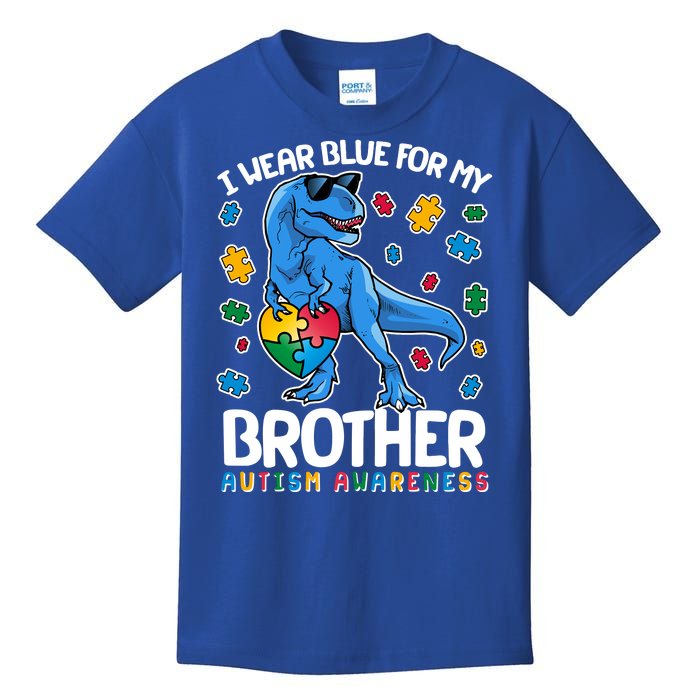 I Wear Blue For My Brother Autism Awareness T-Rex Dinosaur Kids T-Shirt