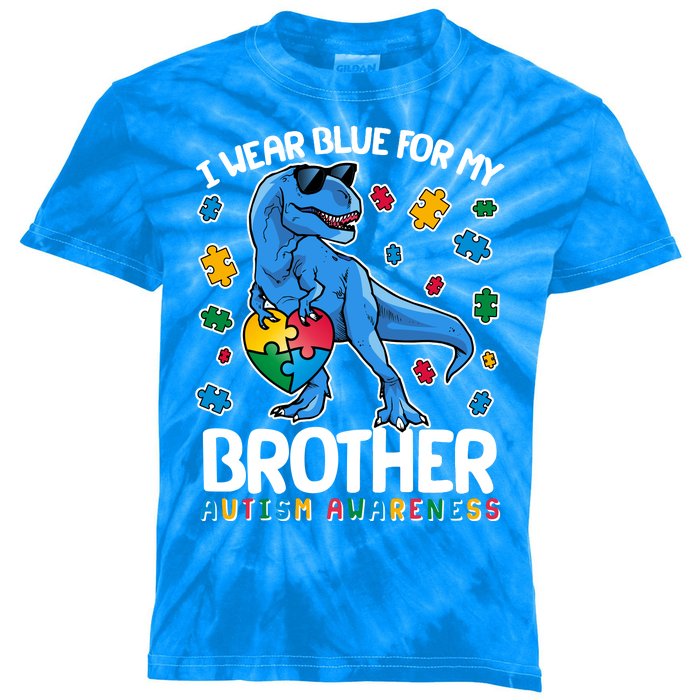 I Wear Blue For My Brother Autism Awareness T-Rex Dinosaur Kids Tie-Dye T-Shirt