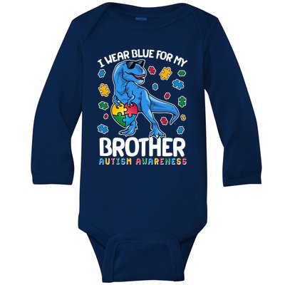 I Wear Blue For My Brother Autism Awareness T-Rex Dinosaur Baby Long Sleeve Bodysuit