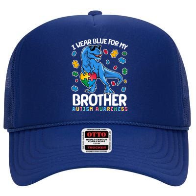 I Wear Blue For My Brother Autism Awareness T-Rex Dinosaur High Crown Mesh Back Trucker Hat