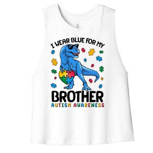 I Wear Blue For My Brother Autism Awareness T-Rex Dinosaur Women's Racerback Cropped Tank