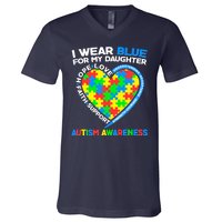 I Wear Blue For My Daughter Autism Awareness Heart Puzzle V-Neck T-Shirt