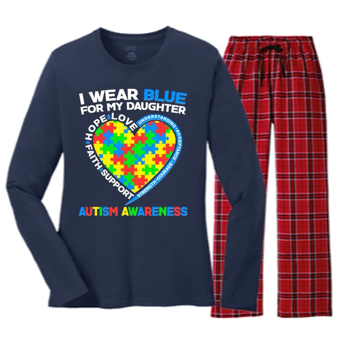 I Wear Blue For My Daughter Autism Awareness Heart Puzzle Women's Long Sleeve Flannel Pajama Set 