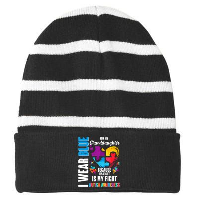 I Wear Blue For My Granddaughter Her Fight is My Fight  Autism Striped Beanie with Solid Band