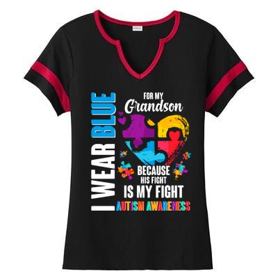 I Wear Blue For My Grandson His Fight is My Fight Autism Ladies Halftime Notch Neck Tee