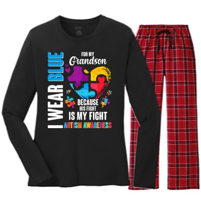 I Wear Blue For My Grandson His Fight is My Fight Autism Women's Long Sleeve Flannel Pajama Set 