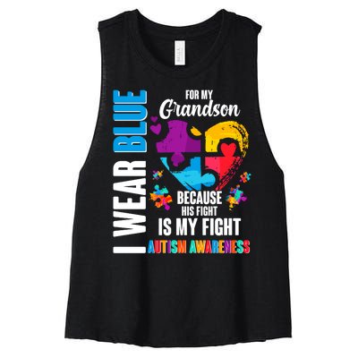 I Wear Blue For My Grandson His Fight is My Fight Autism Women's Racerback Cropped Tank