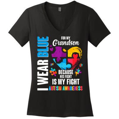 I Wear Blue For My Grandson His Fight is My Fight Autism Women's V-Neck T-Shirt