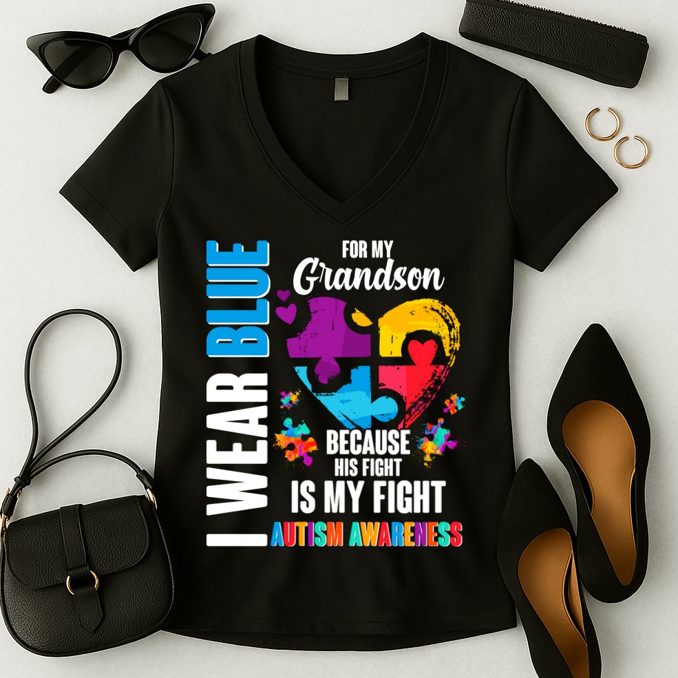 I Wear Blue For My Grandson His Fight is My Fight Autism Women's V-Neck T-Shirt