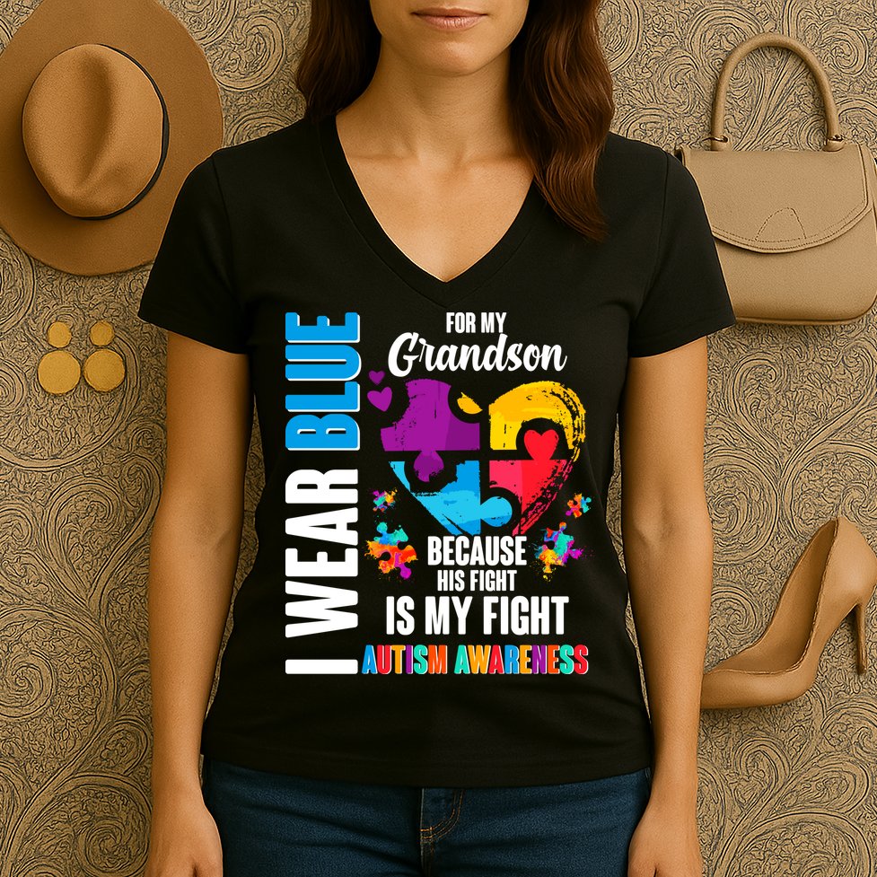 I Wear Blue For My Grandson His Fight is My Fight Autism Women's V-Neck T-Shirt