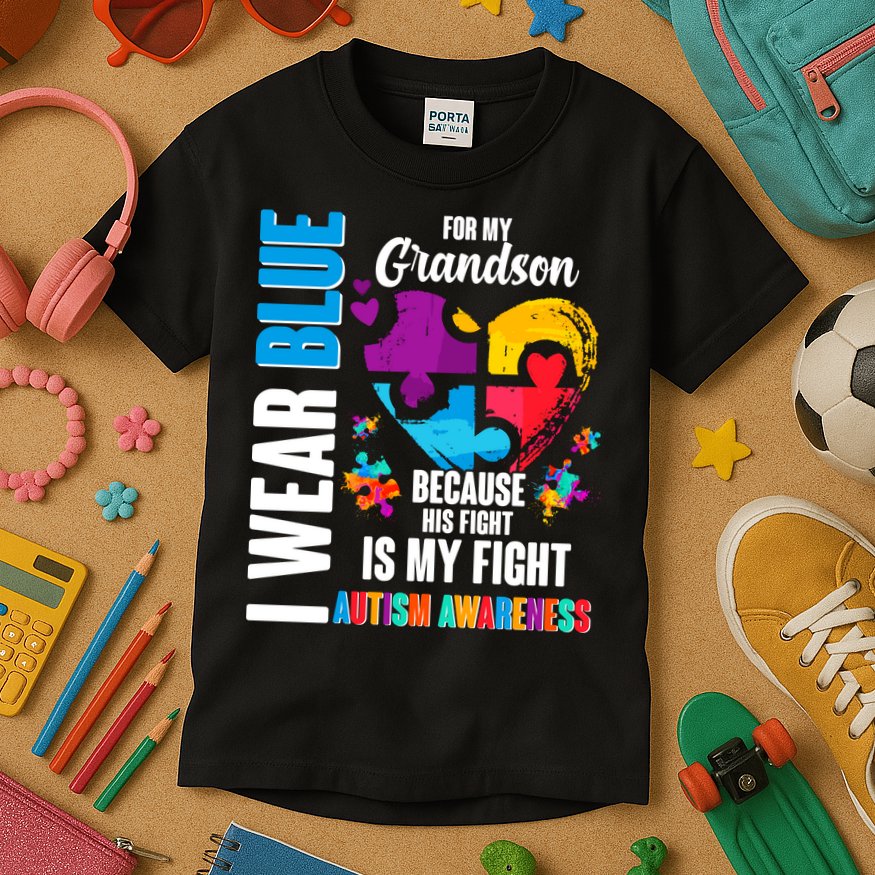 I Wear Blue For My Grandson His Fight is My Fight Autism Kids T-Shirt